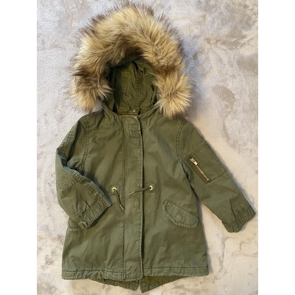 Gap Parka Coat Toddler Girls 2T Green Faux Fur Hood Canvas Lined‎ Zip Pockets